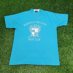 Vintage 80s Woodfield-Challenge Hunt-Club Shirt Large 21x28 Blue Golf